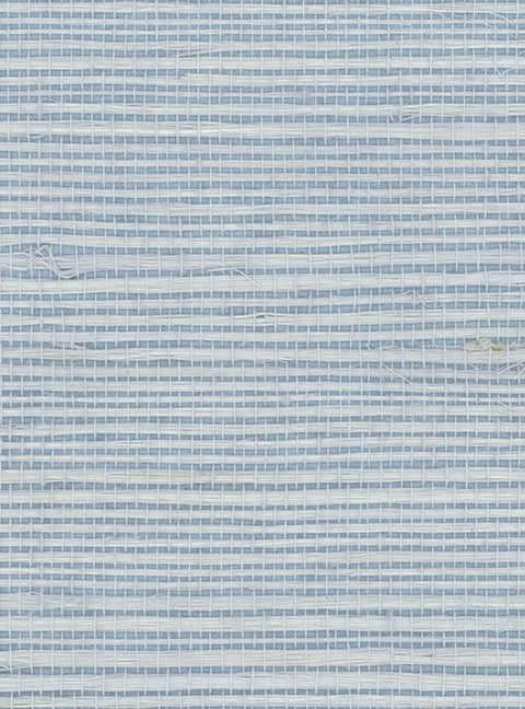 Detail of a sisal grasscloth wallpaper in light gray on a blue paper backing.