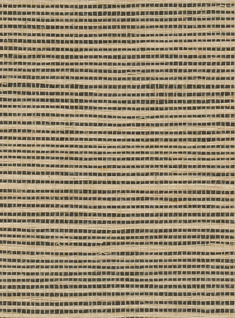 Detail of a sisal grasscloth wallpaper in tan on a black paper backing.