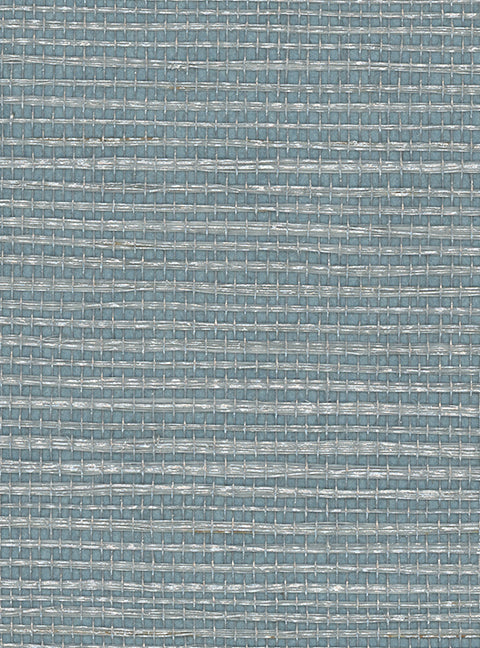 Detail of a sisal grasscloth wallpaper in gray on a blue-green paper backing.