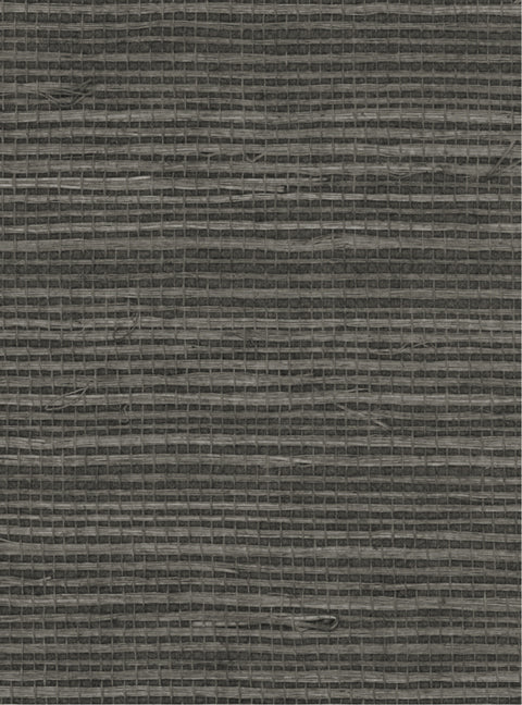 Detail of a sisal grasscloth wallpaper in light gray on a dark gray paper backing.