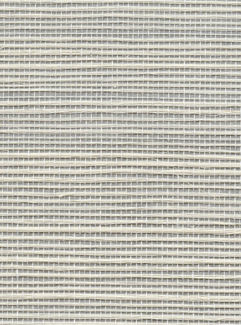 Detail of a sisal grasscloth wallpaper in white on a light gray paper backing.