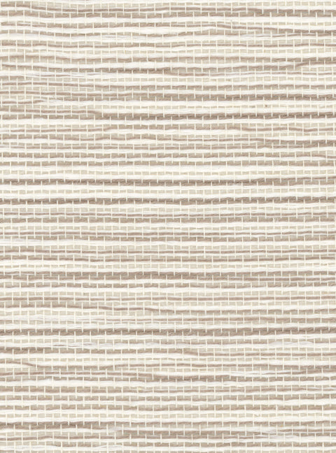 Detail of a grasscloth wallpaper in textured cream and tan on a paper backing.