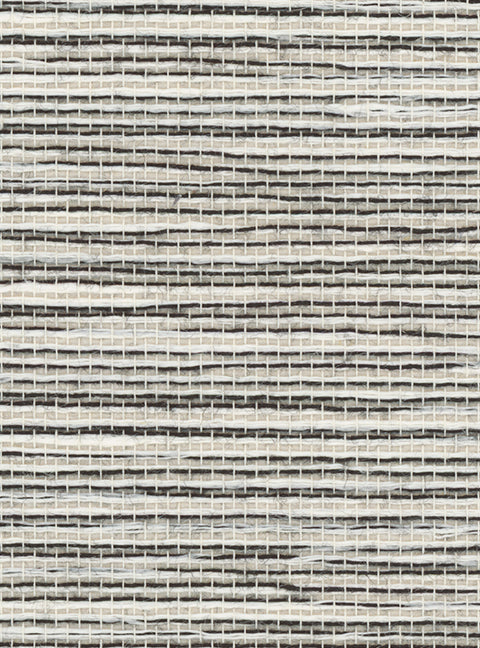 Detail of a grasscloth wallpaper in textured black and white on a paper backing.
