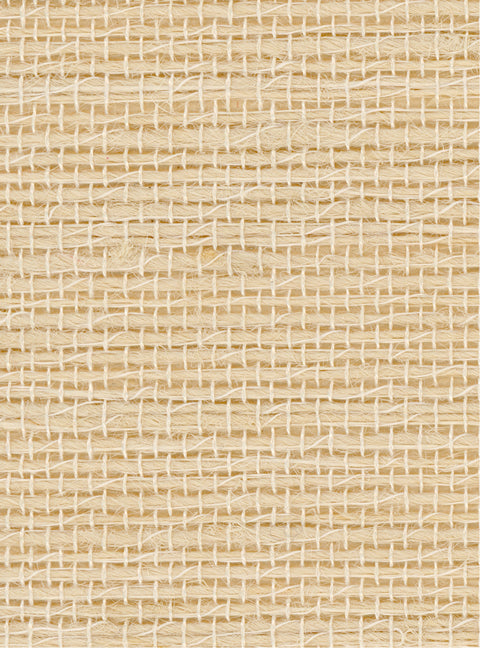 Detail of a grasscloth wallpaper in textured cream on a tan paper backing.