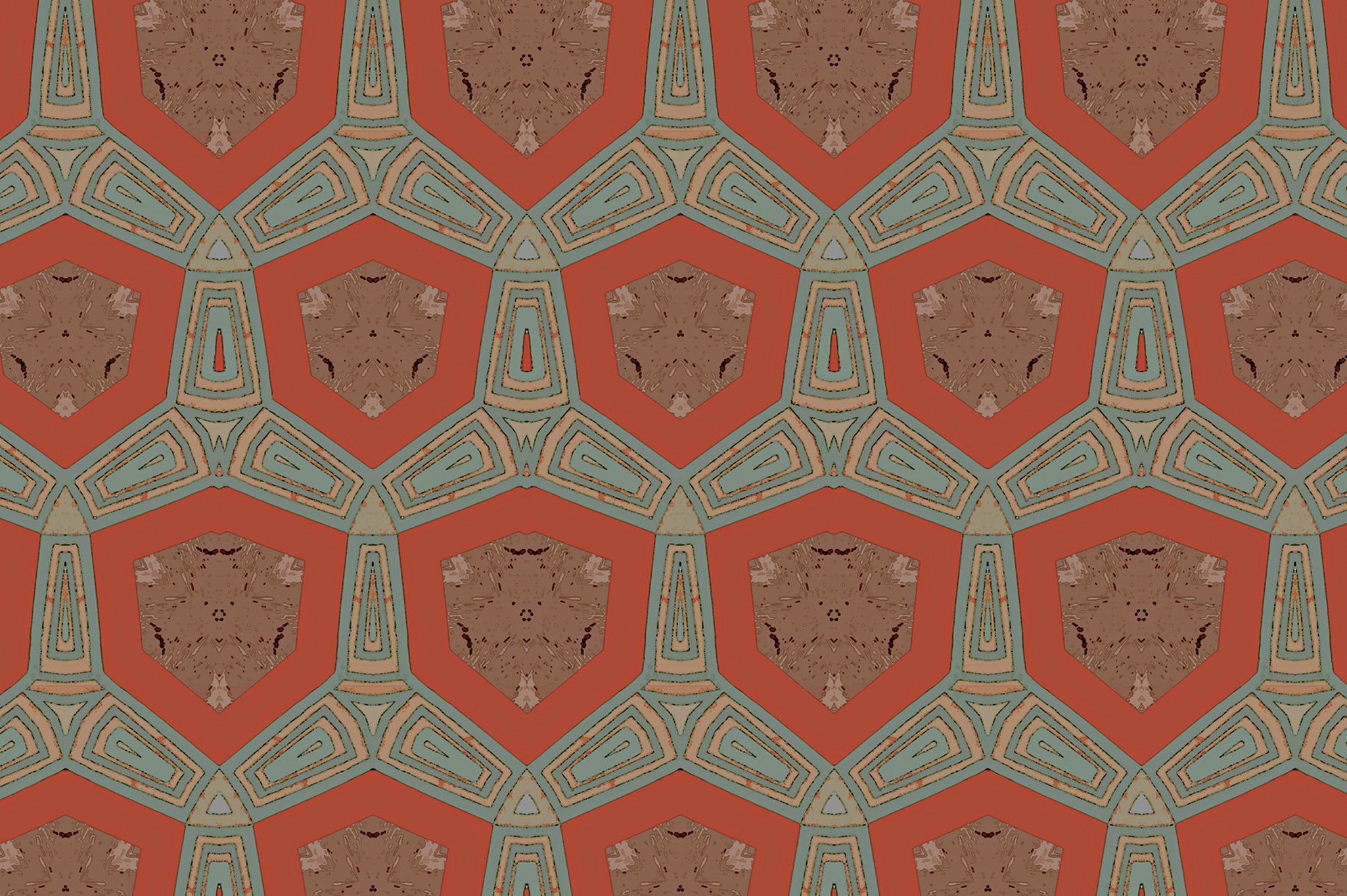 Detail of fabric in a geometric tribal print in shades of turquoise, brown and tan on a red field.