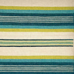A flatweave rug with mix width stripes in lime green, turquoise, deep teal and ivory.