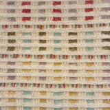 Handwoven wool rug with raised fringe multicolor stripes in pink, purple, cream green, turquoise and yellow on a beige field.