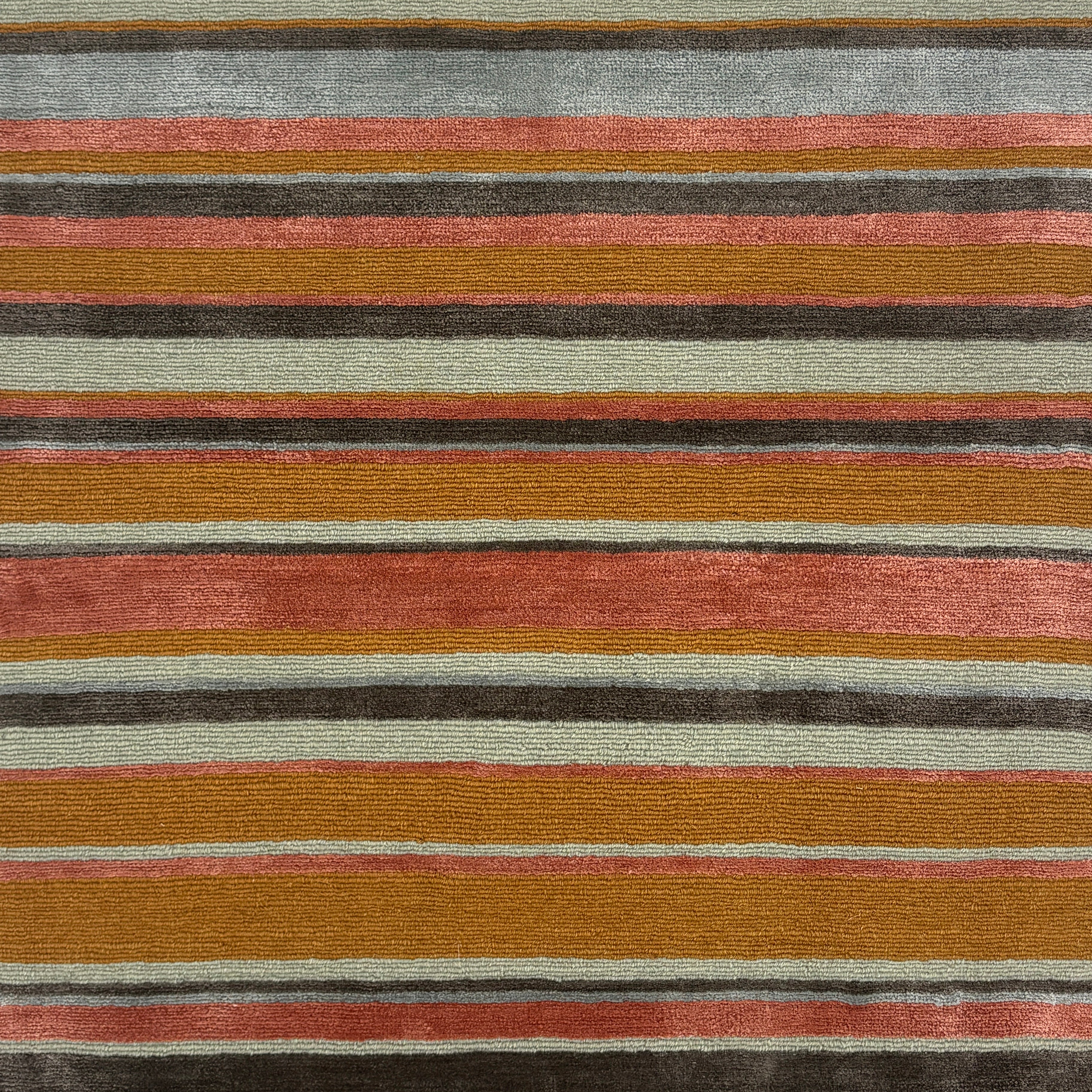 Striped handknotted rug with pink, tan, grey and aqua.