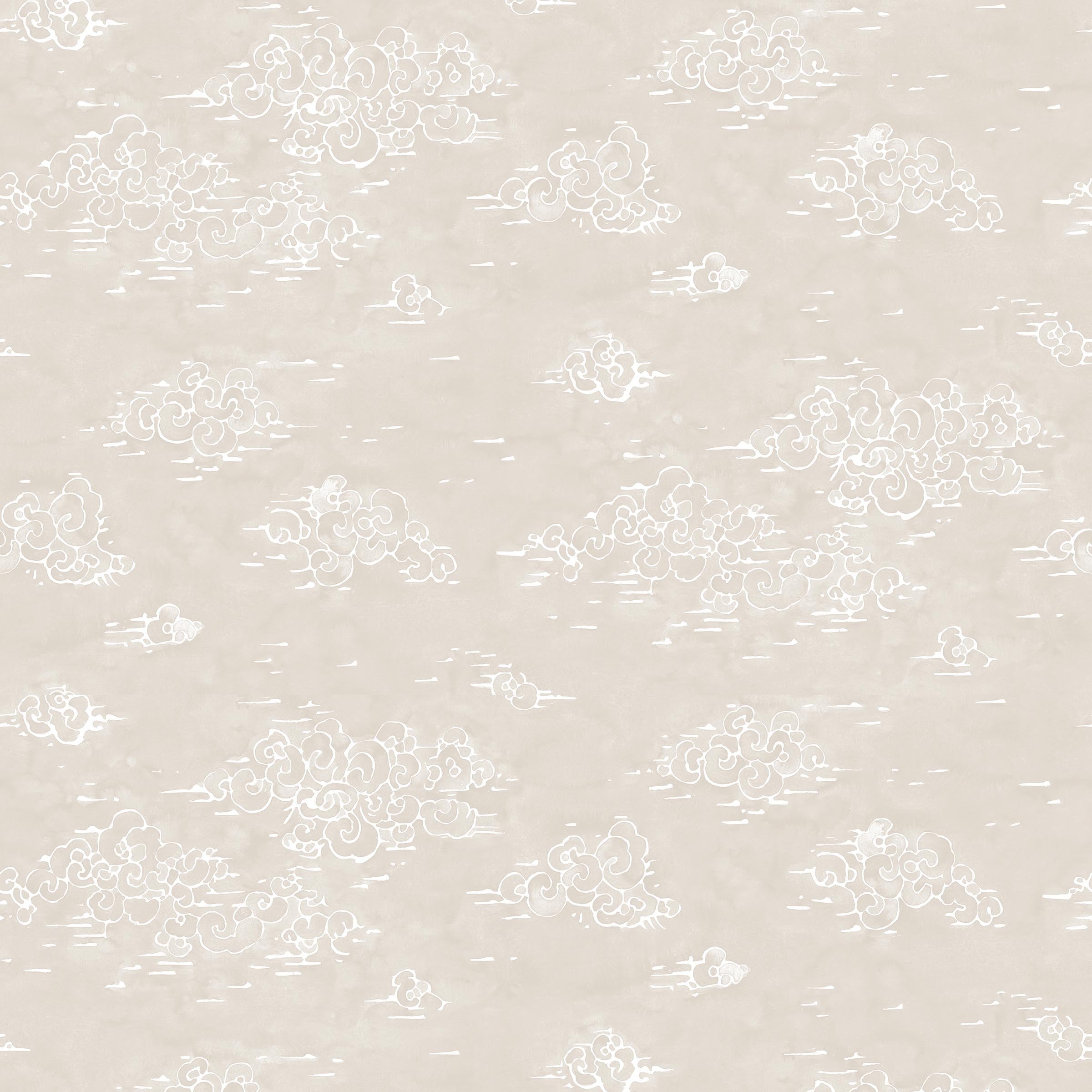 Painterly cloud pattern in white on a beige watercolor field.