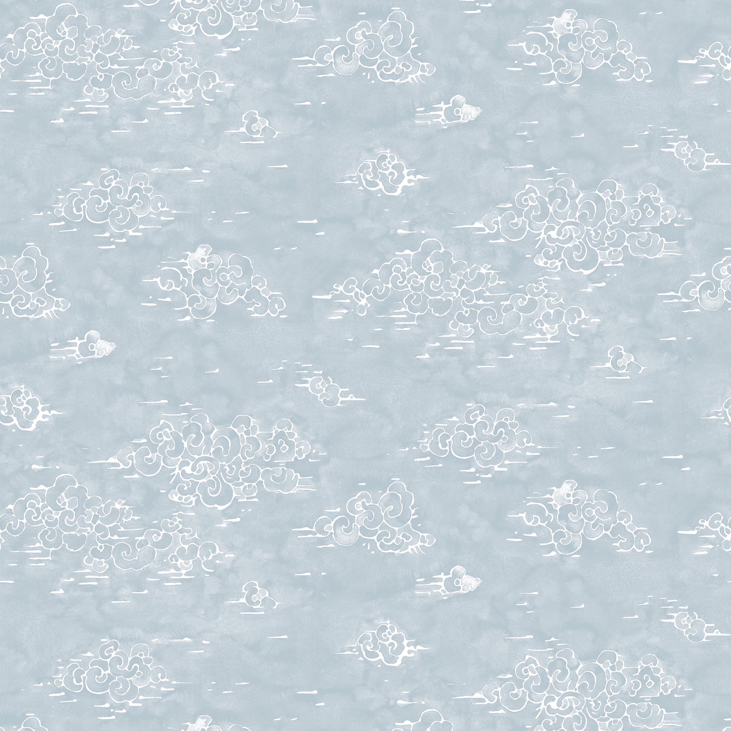 Painterly cloud pattern in white on a pastel blue watercolor field.