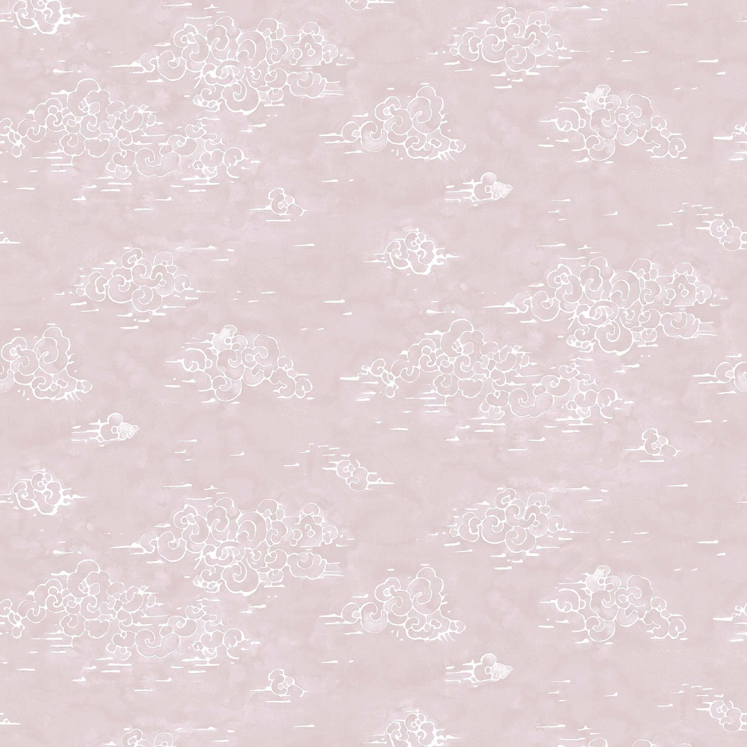 Painterly cloud pattern in white on a pastel pink watercolor field.