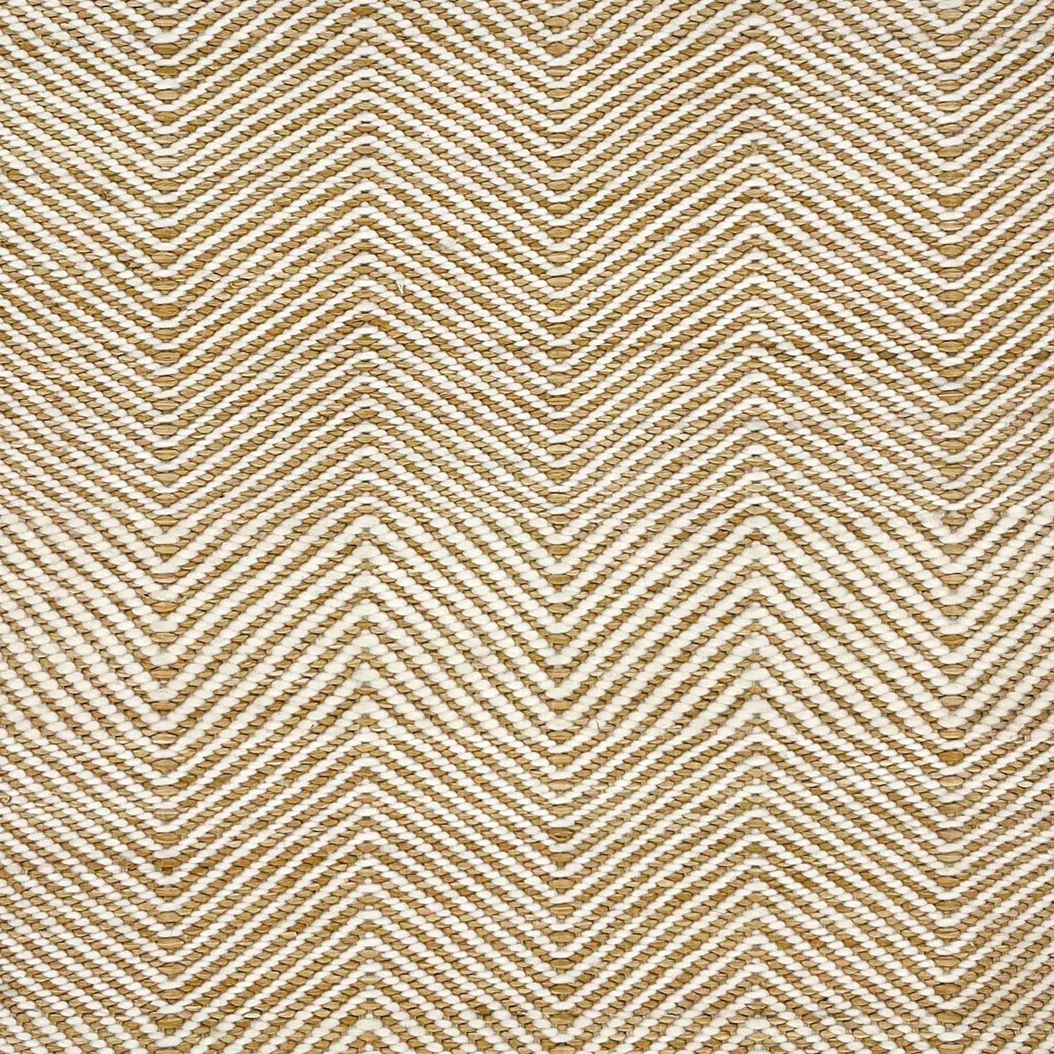 Woven rug swatch with thin chevron pattern in white and taupe