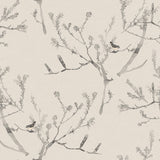 Detail of wallpaper in a painterly bird and branch pattern in shades of gray on a cream field.