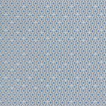 Wallpaper panel in a geometric grid print in shades of blue and gray.