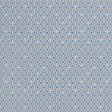 Wallpaper panel in a geometric grid print in shades of blue and gray.