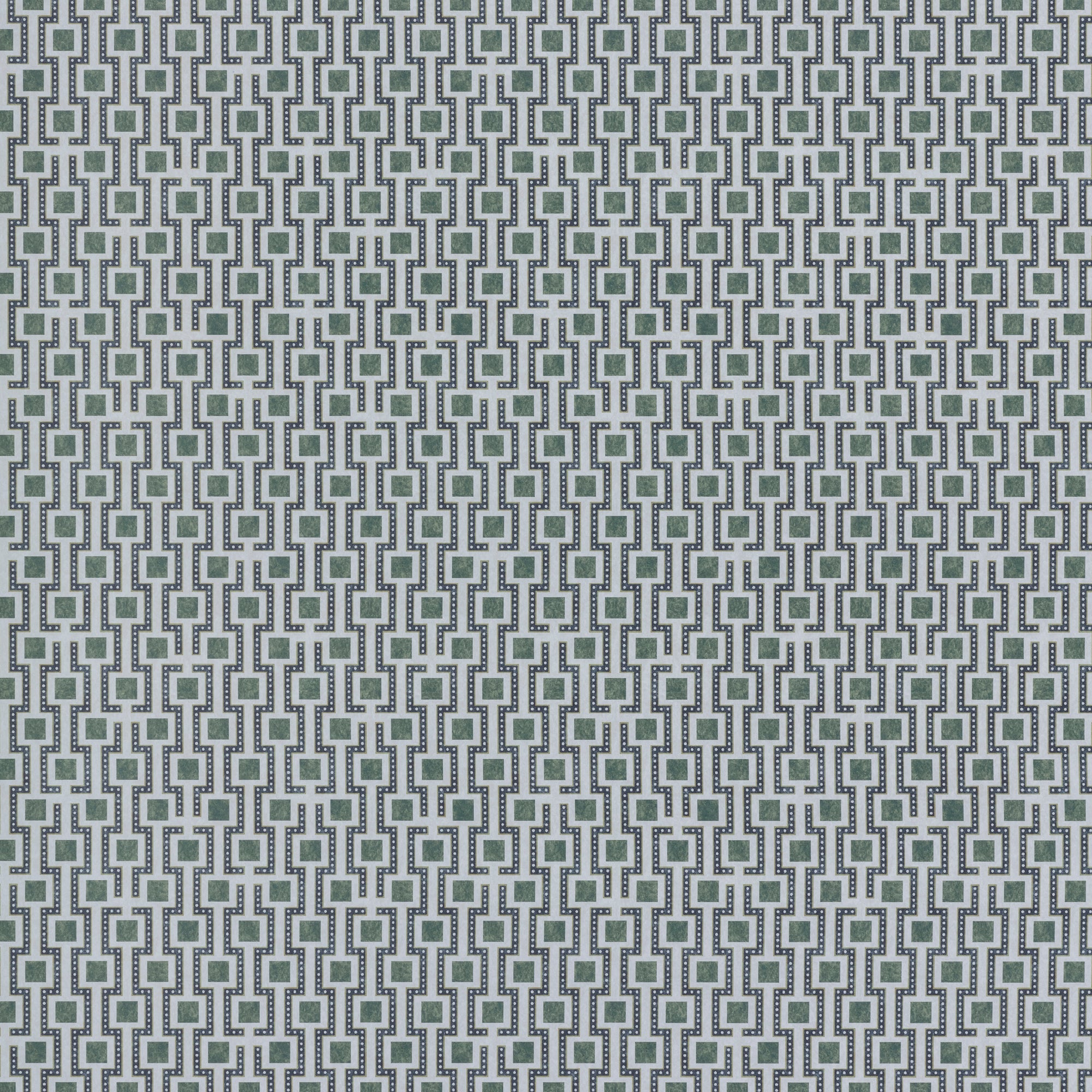 Wallpaper panel in a geometric grid print in shades of green, blue and gray.