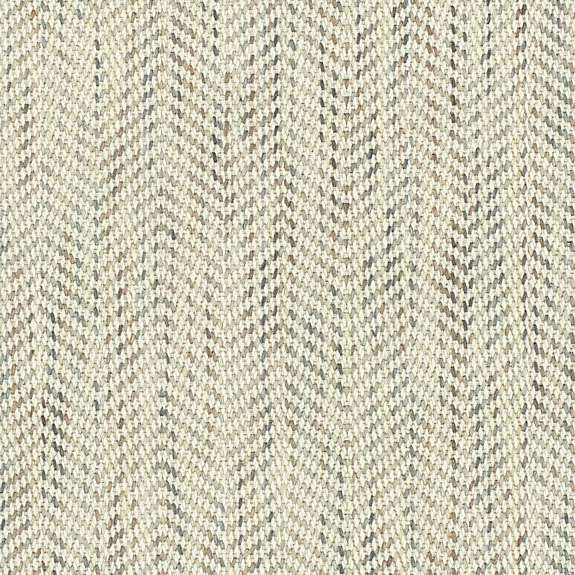 Broadloom carpet in a textural herringbone strié in cream with heathered brown and grey.
