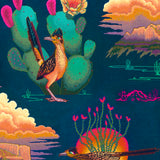 Colorful pattern of roadrunners and cacti on a blue background