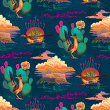 Colorful pattern of desert landscapes with cacti, clouds, and birds on a blue background.