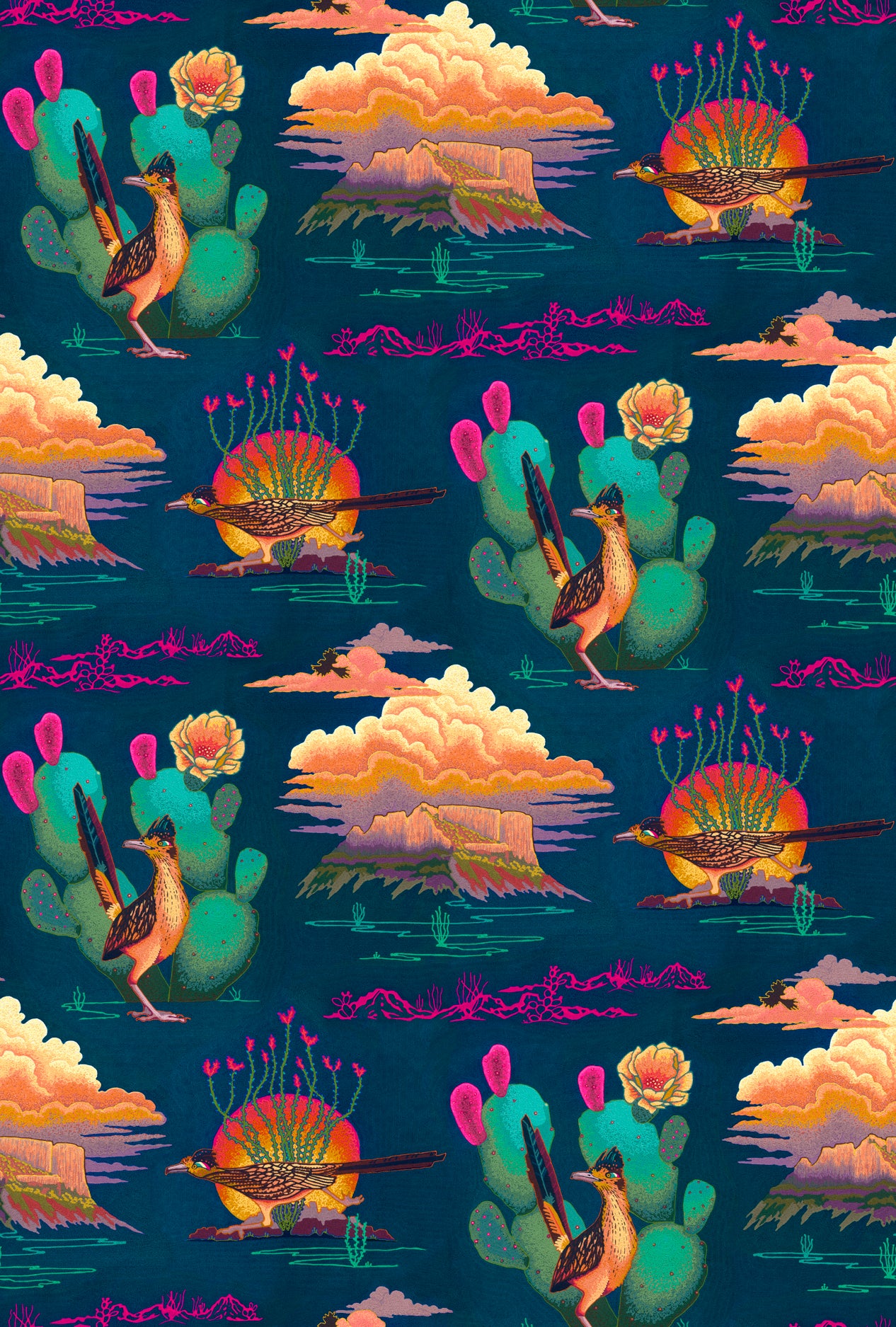 Colorful pattern of desert landscapes with cacti, clouds, and birds on a blue background.