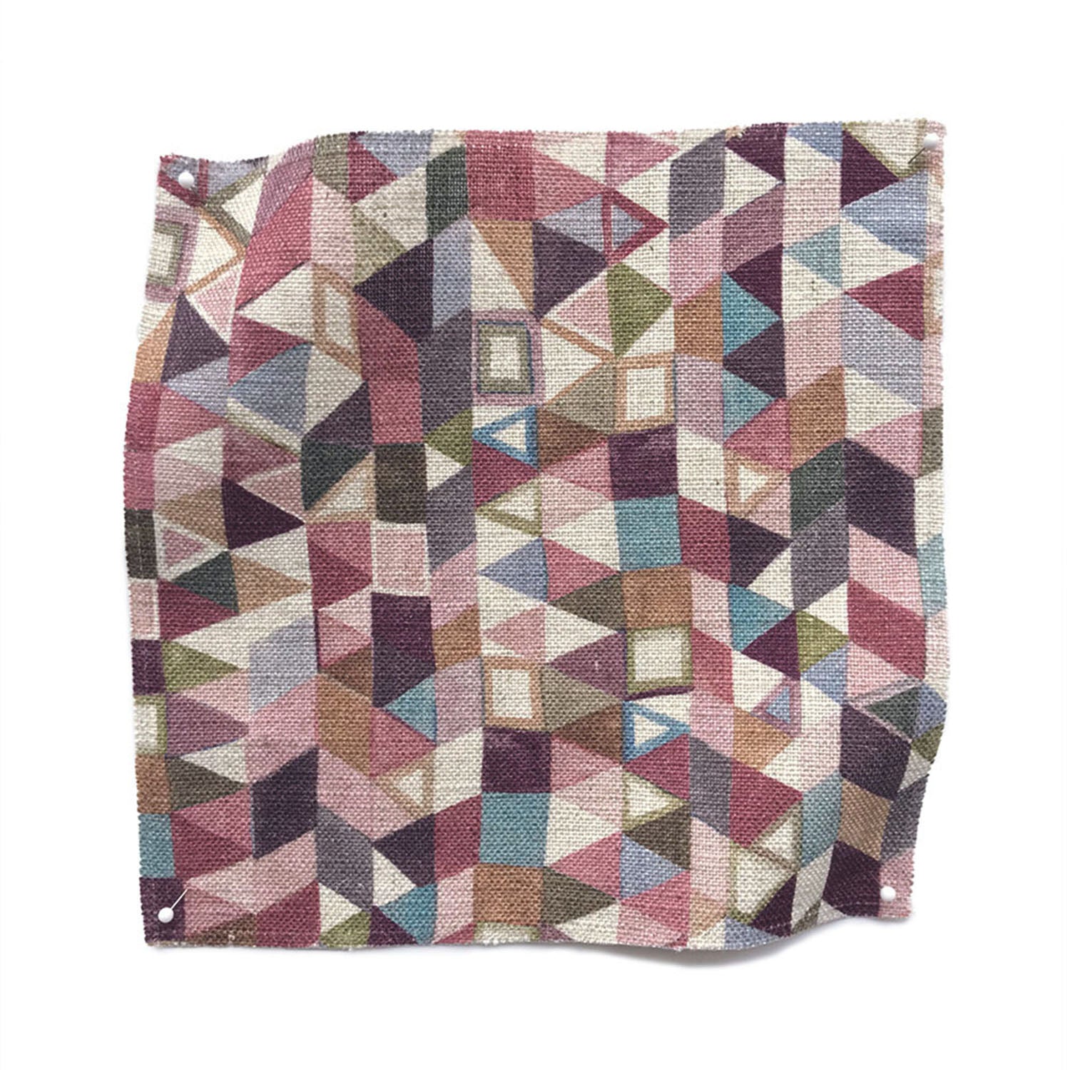 Square fabric swatch in a small-scale playful geometric print in shades of pink, purple, cream and green.