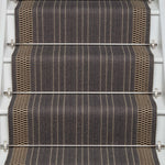 Striped flatweave runner in charcoal and ivory on white staircase