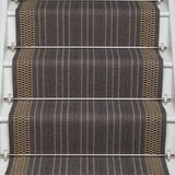 Striped flatweave runner in charcoal and ivory on white staircase