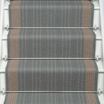 Striped flatweave runner in slate and ivory on white staircase