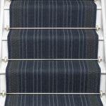 Striped flatweave runner in blue on white staircase