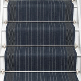 Striped flatweave runner in blue on white staircase