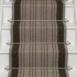 Striped flatweave runner in grey black on white staircase