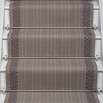 Striped flatweave runner in grey and taupe on white staircase