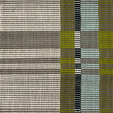 Handwoven rug in a large scale plaid in shades of olive green, blue, brown, black and cream. 