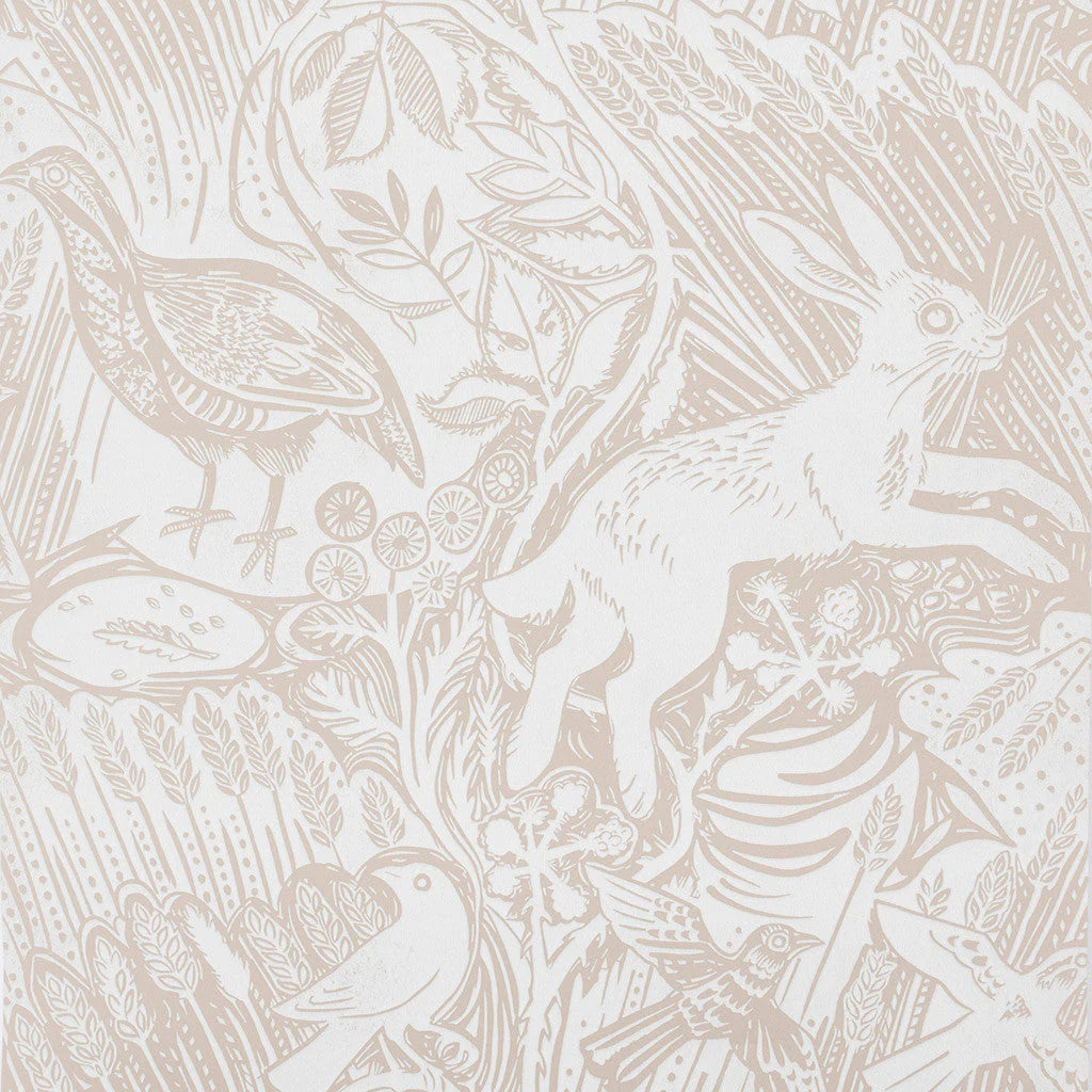Detail of wallpaper in a playful rabbit and bird print in tan on a white field.