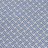 Close up of embroidered fabric with a basketweave design in blue on a white field. 