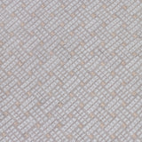 Close up of embroidered fabric with a basketweave design in cream on a beige field. 