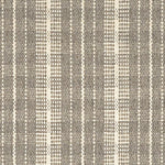Broadloom carpet in a mixed width stripe design in ivory on a taupe field.