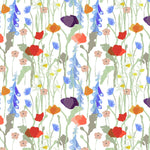 Detail of wallpaper in a painterly floral print in a rainbow of shades on a white field.
