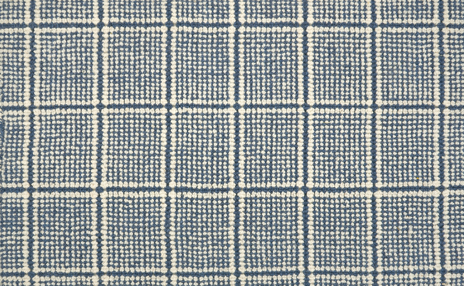 Broadloom carpet with windowpane check in cream and blue.