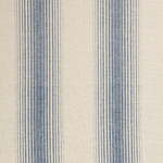 Detail of a cotton fabric in an irregular stripe pattern in blue on a cream field.