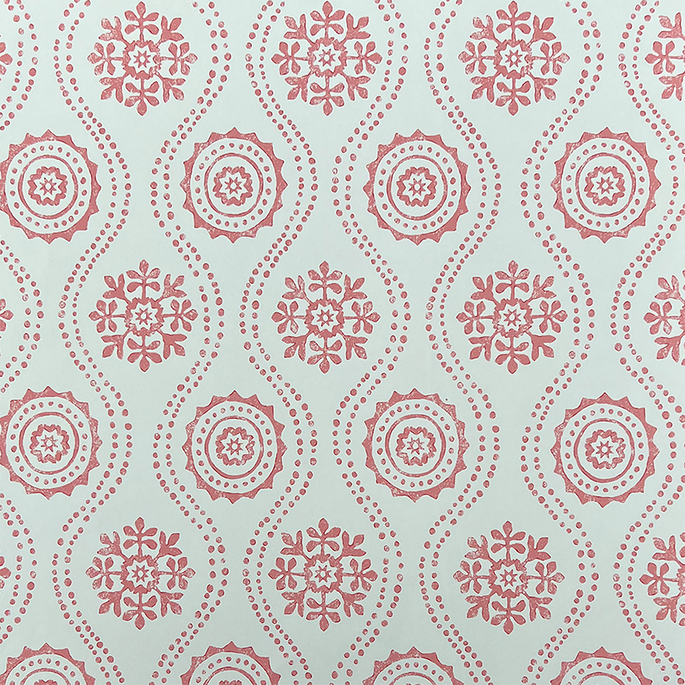 Detail of wallpaper in a playful floral stripe in pink on a light blue field.