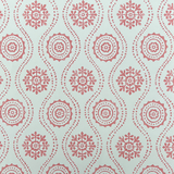 Detail of wallpaper in a playful floral stripe in pink on a light blue field.