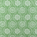 Detail of wallpaper in a playful floral stripe in cream on a green field.
