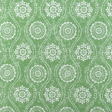 Detail of wallpaper in a playful floral stripe in cream on a green field.
