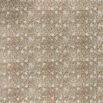 printed linen fabric in a painterly floral pattern in sage and brown on a gray field.