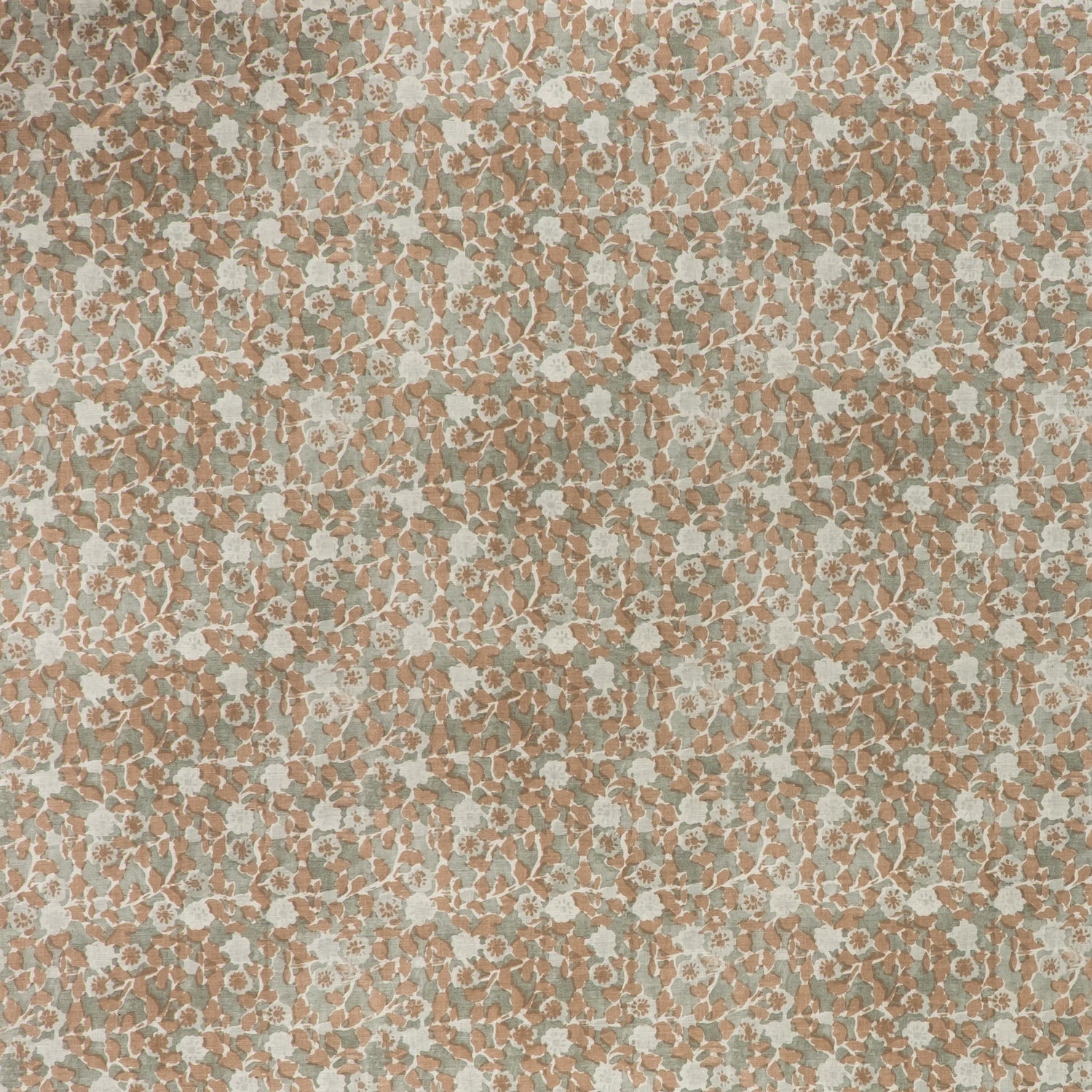 printed linen fabric in a painterly floral pattern in sage and brown on a gray field.