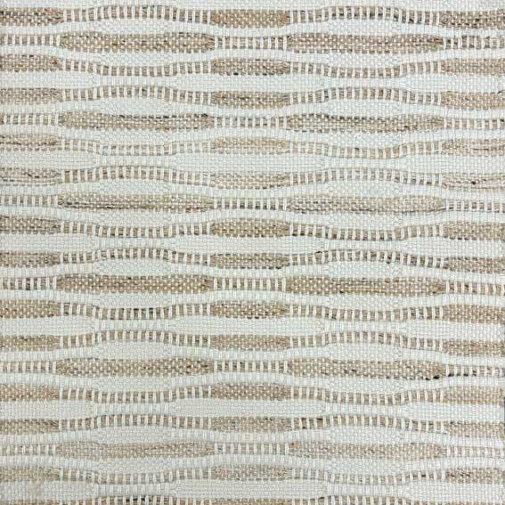 Broadloom carpet in a flatwoven wavy stripe in taupe on a cream field. 