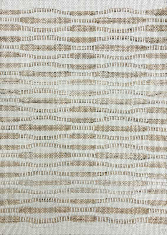 Broadloom carpet in a flatwoven wavy stripe in taupe on a cream field. 
