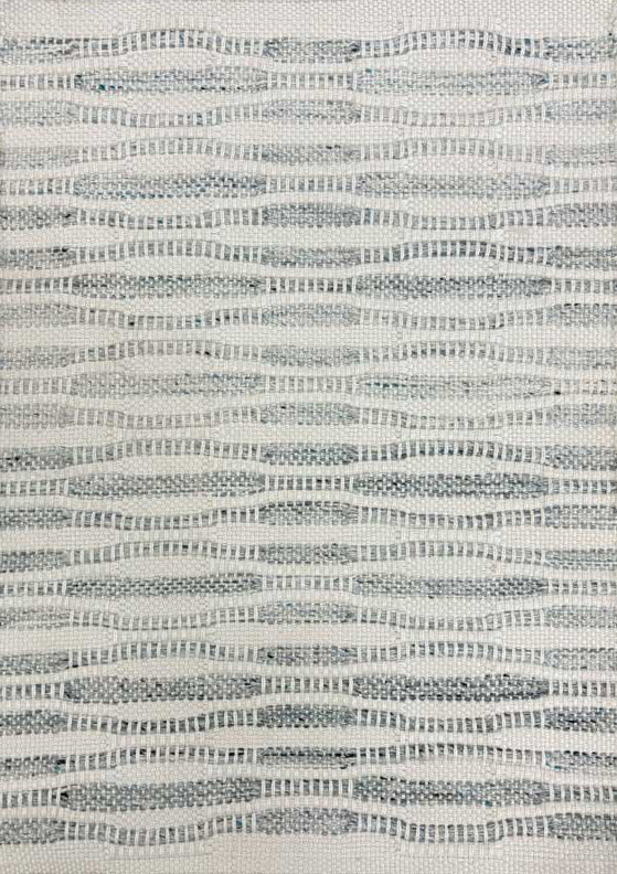 Broadloom carpet in a flatwoven wavy stripe in grey on a cream field. 