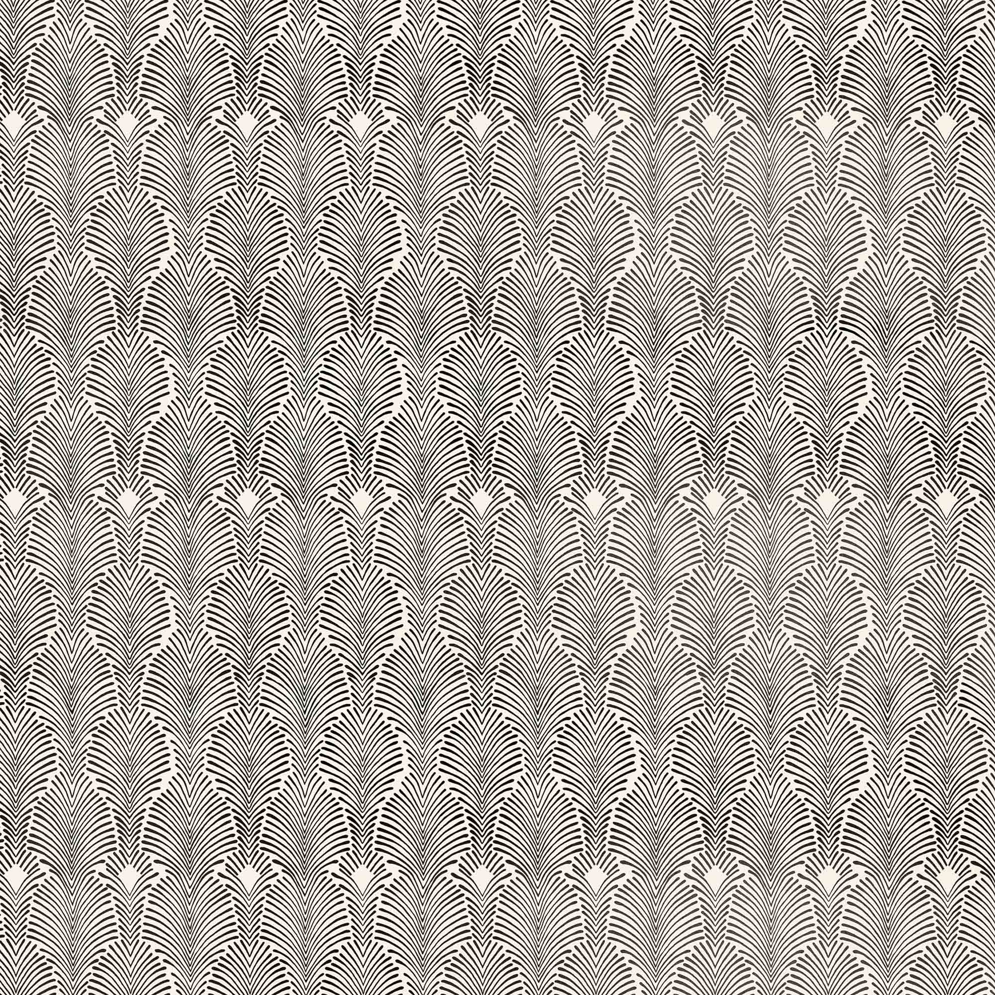 Detail of wallpaper in an art deco damask print in black on a white field.